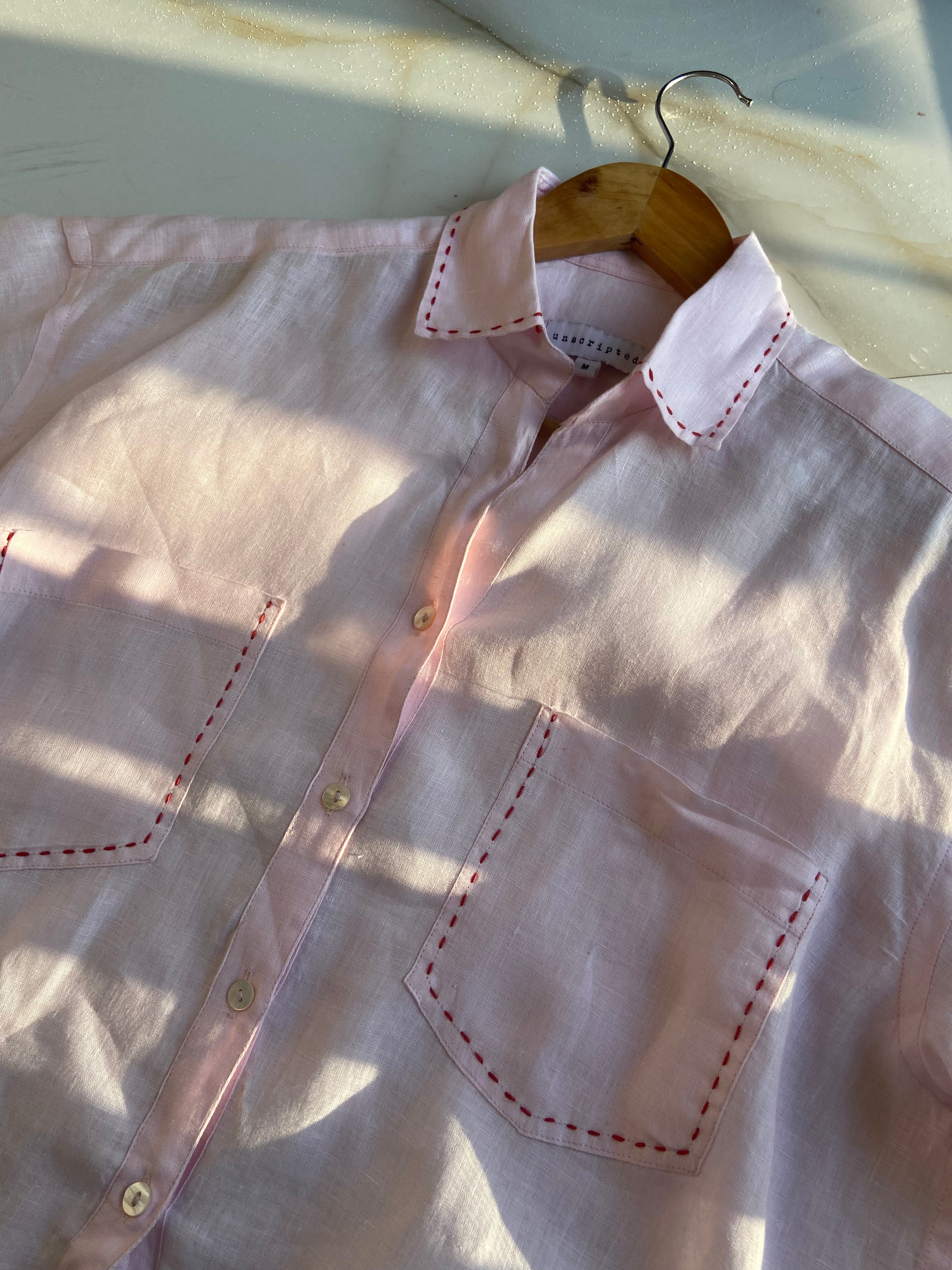 Soft Pink Embroidered Linen Shirt (Oversized)