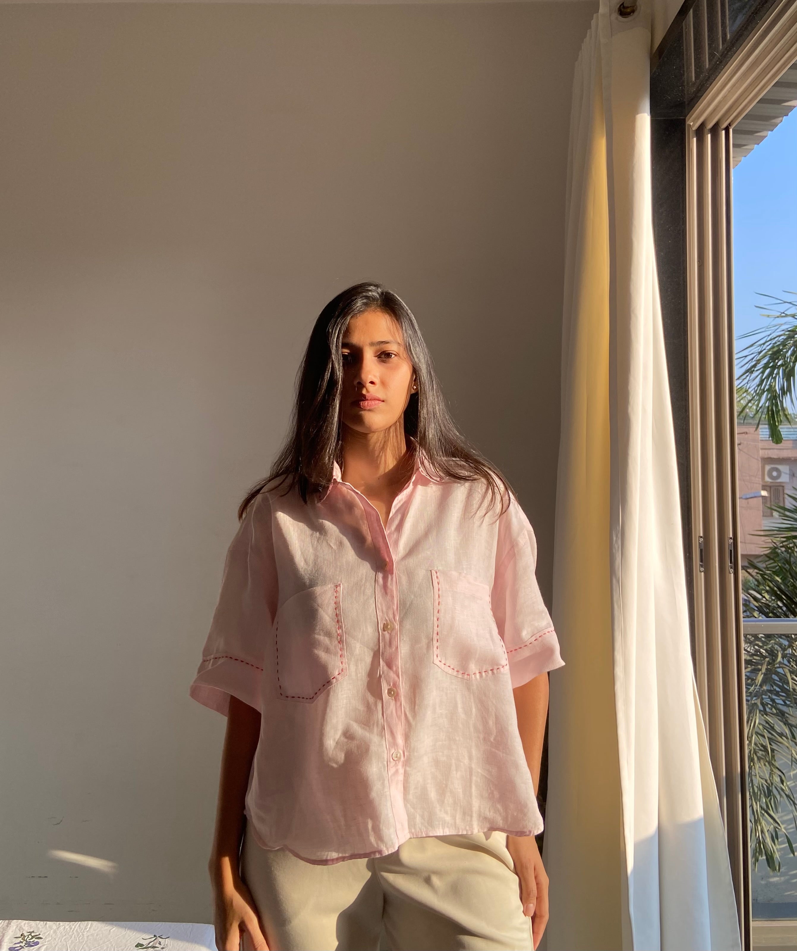 Soft Pink Embroidered Linen Shirt (Oversized)