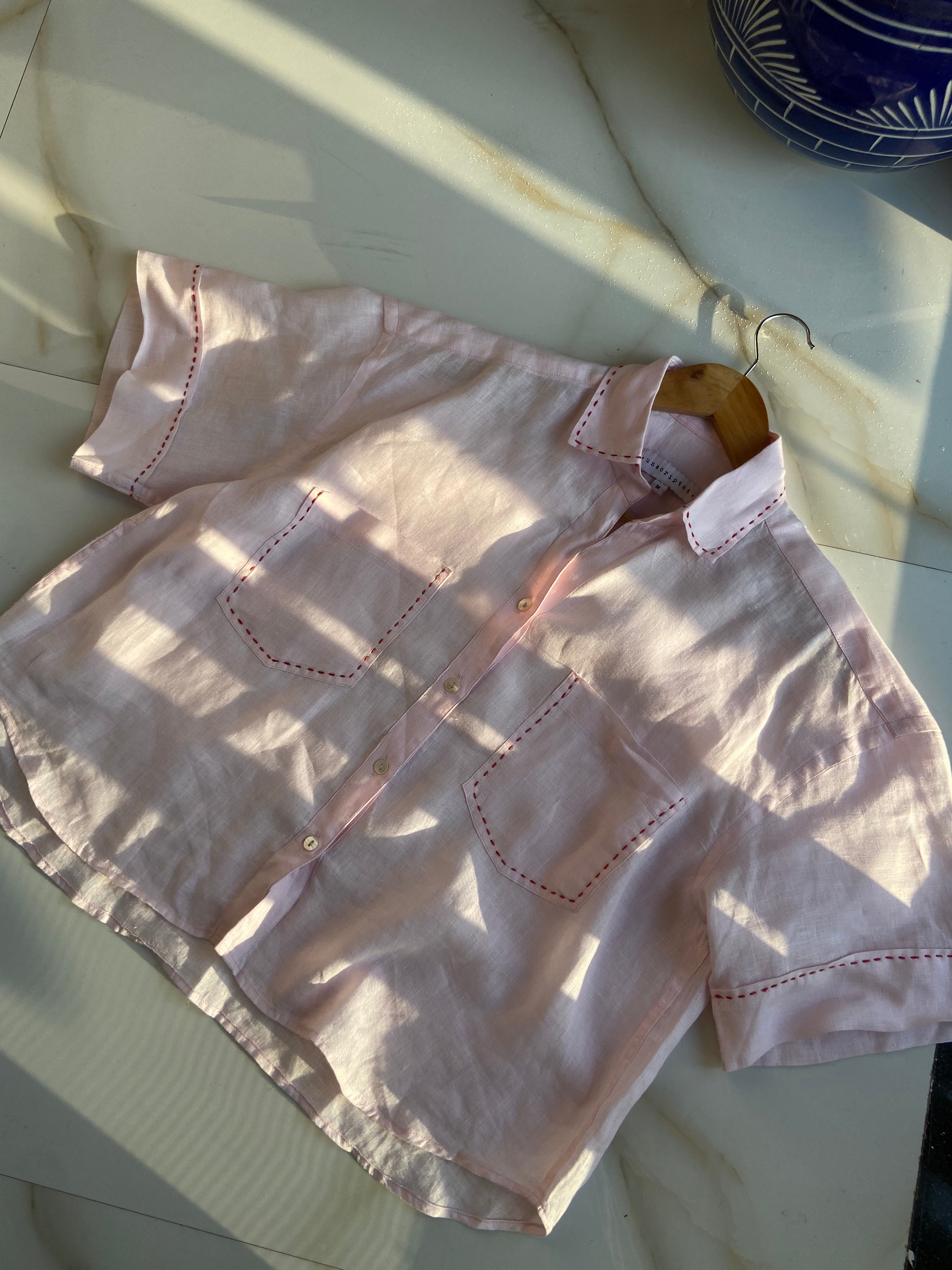 Soft Pink Embroidered Linen Shirt (Oversized)