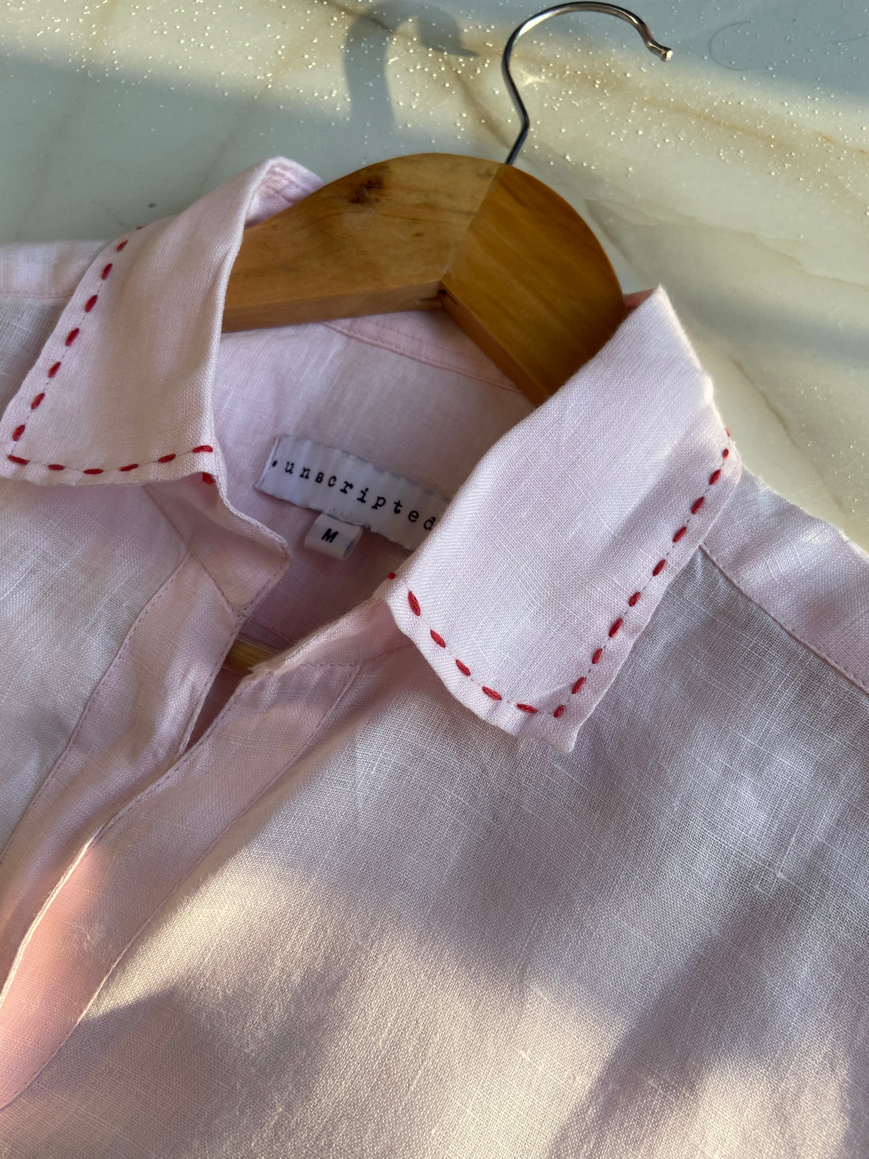 Soft Pink Embroidered Linen Shirt (Oversized)