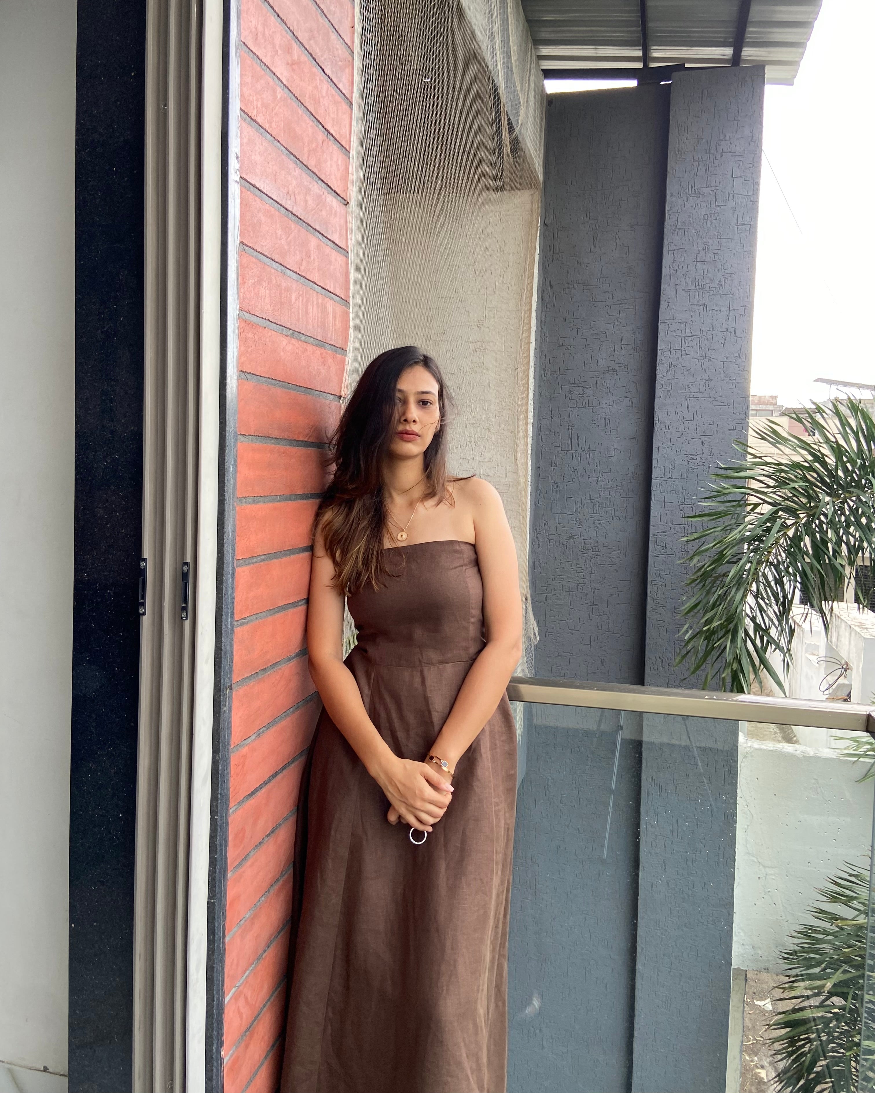 Earthy Brown Strapless Maxi Dress