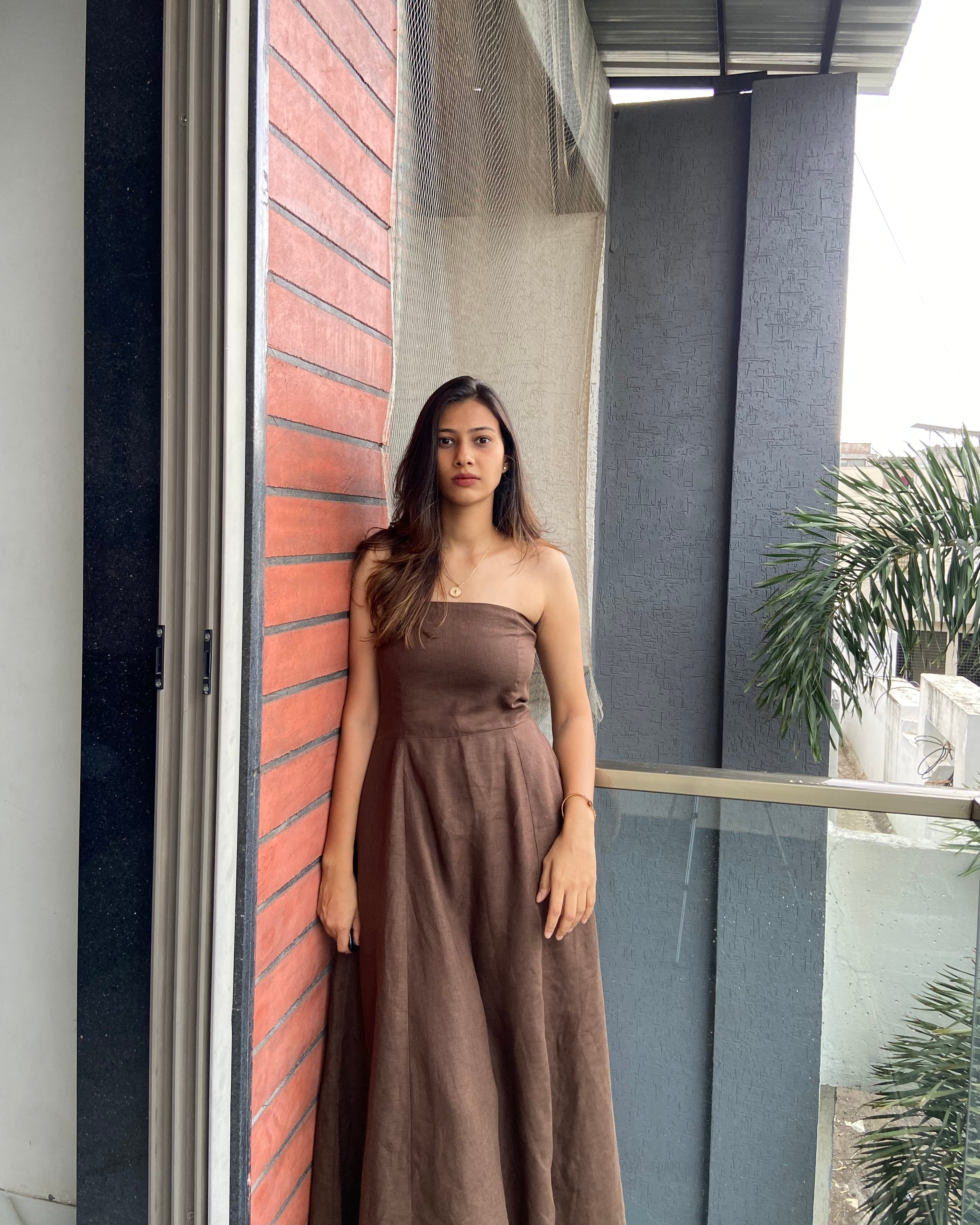 Earthy Brown Strapless Maxi Dress