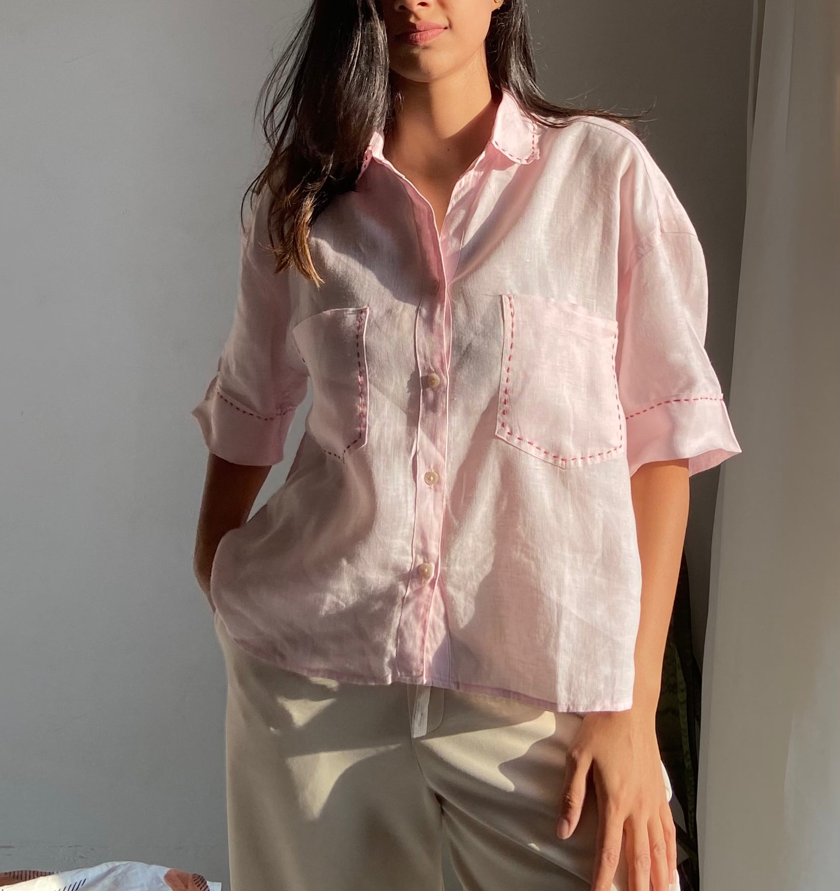 Soft Pink Embroidered Linen Shirt (Oversized)