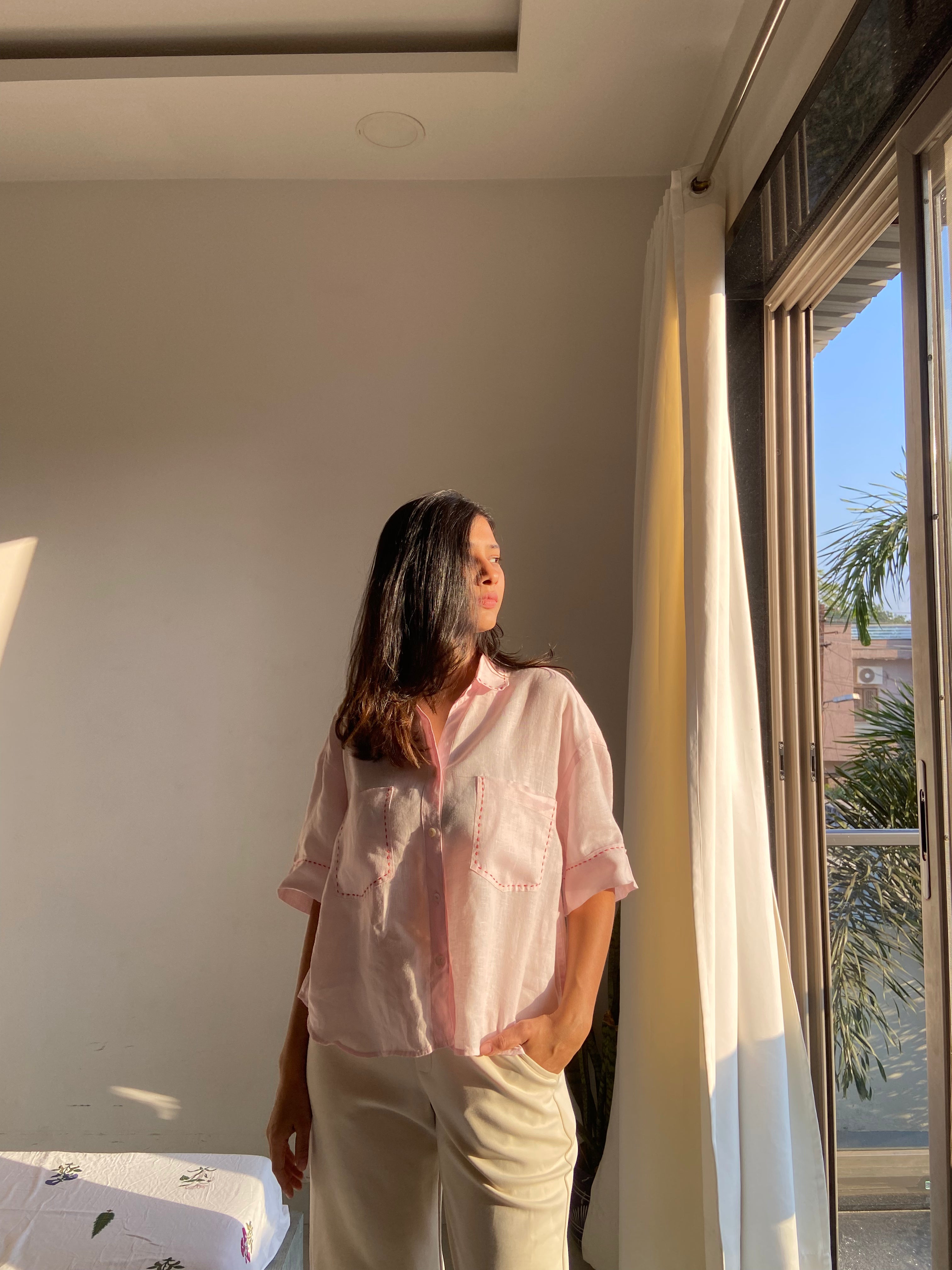 Soft Pink Embroidered Linen Shirt (Oversized)