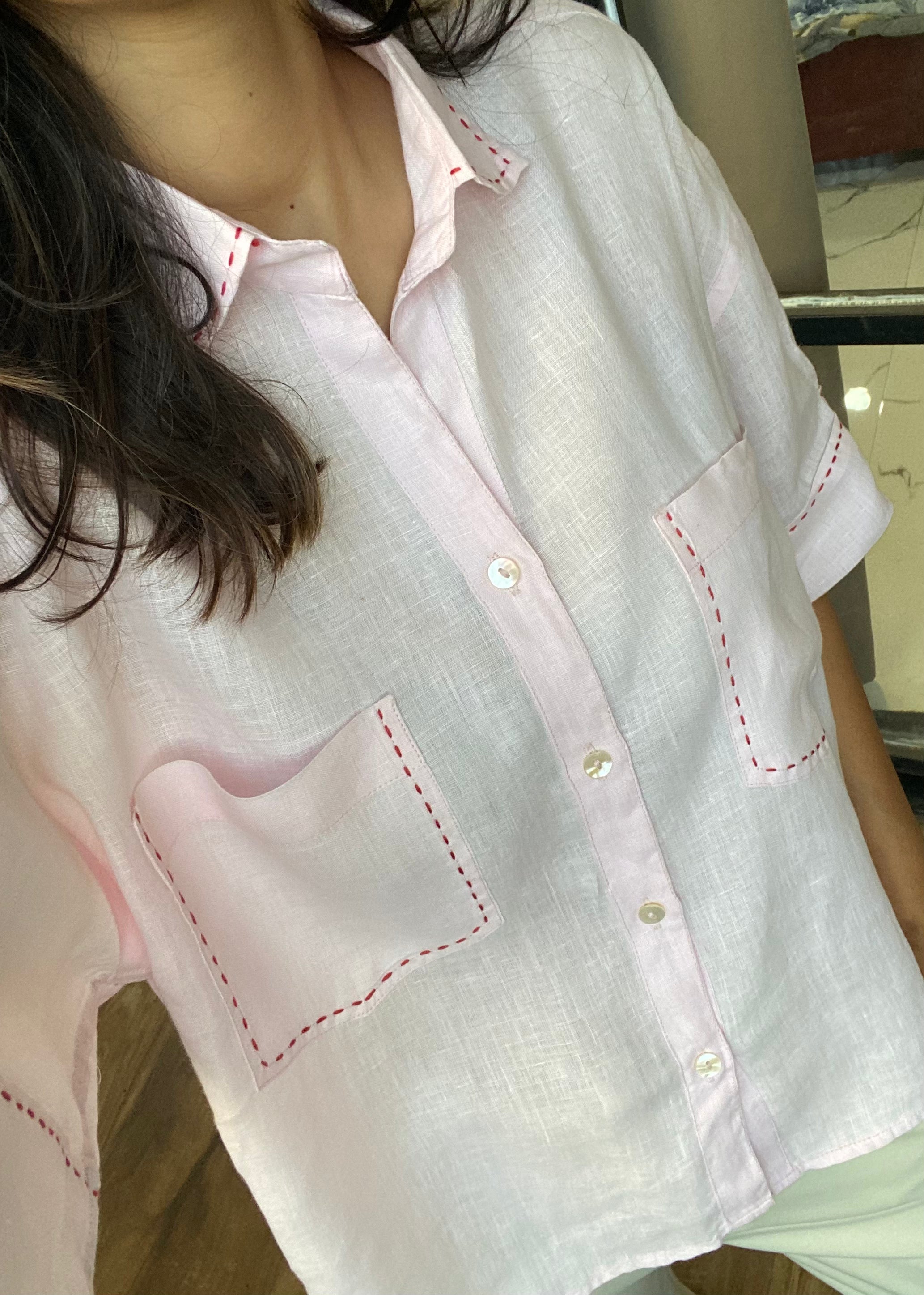 Soft Pink Embroidered Linen Shirt (Oversized)