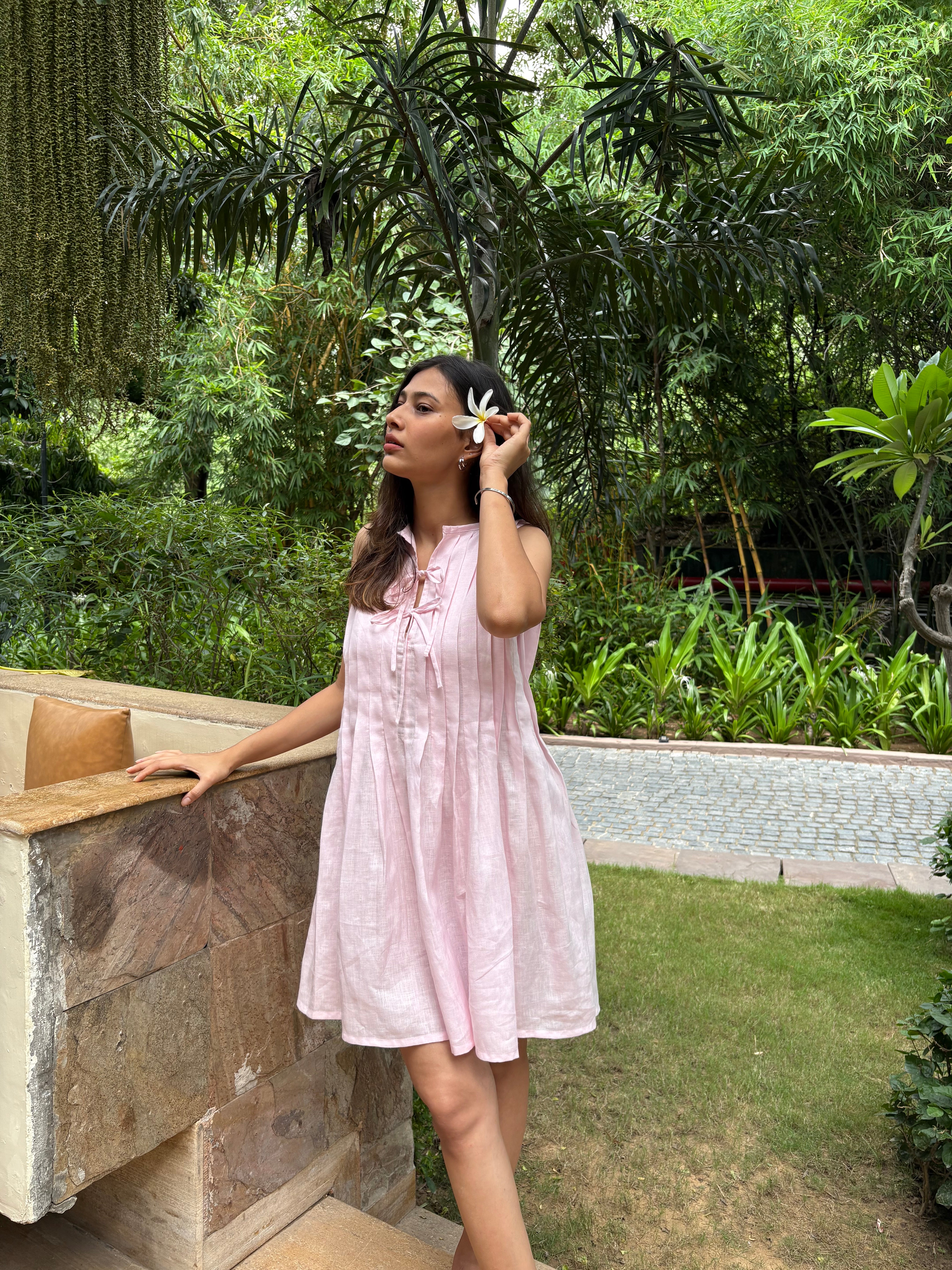 Pink Pleated Linen Short Dress