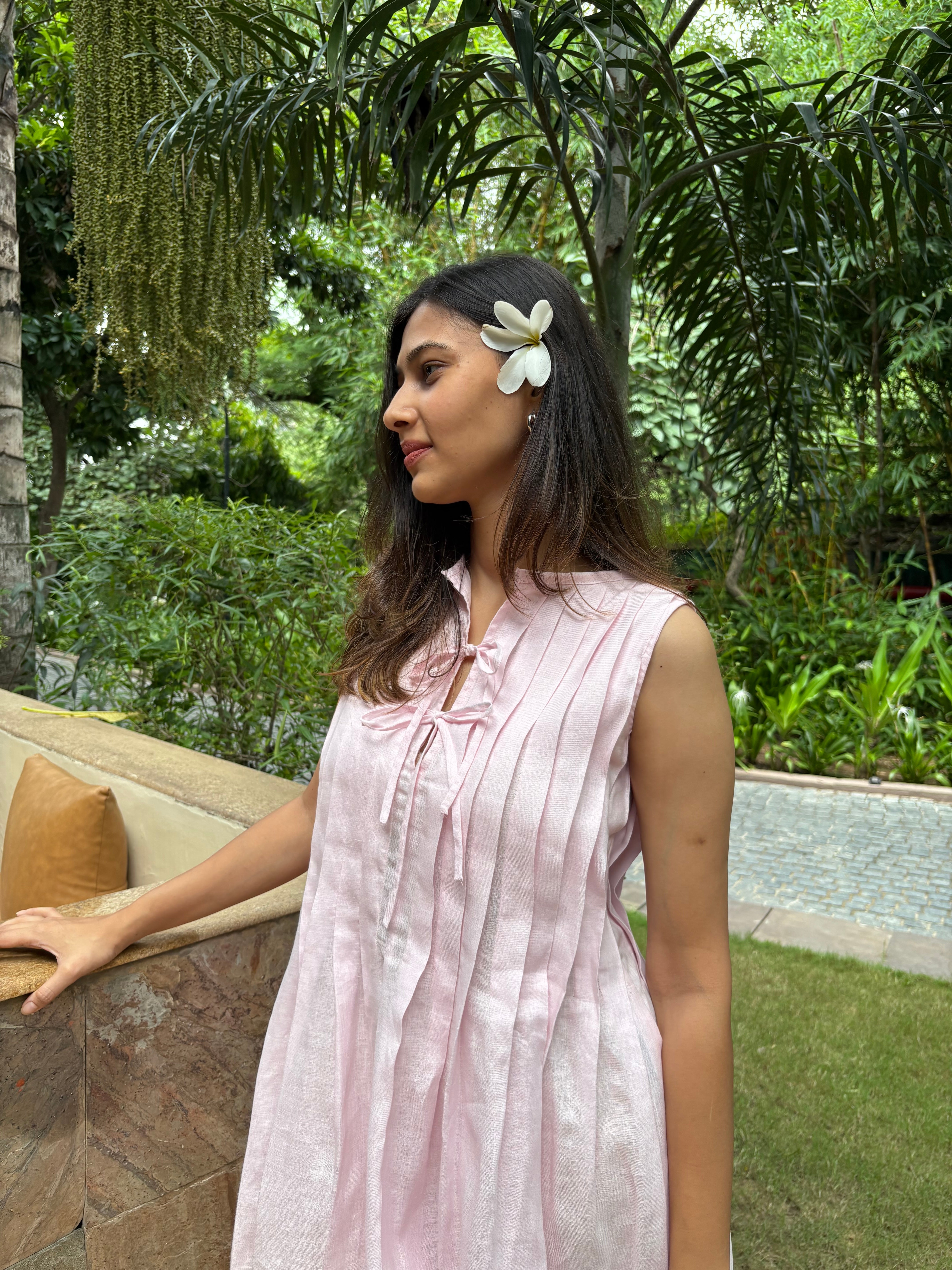 Pink Pleated Linen Short Dress