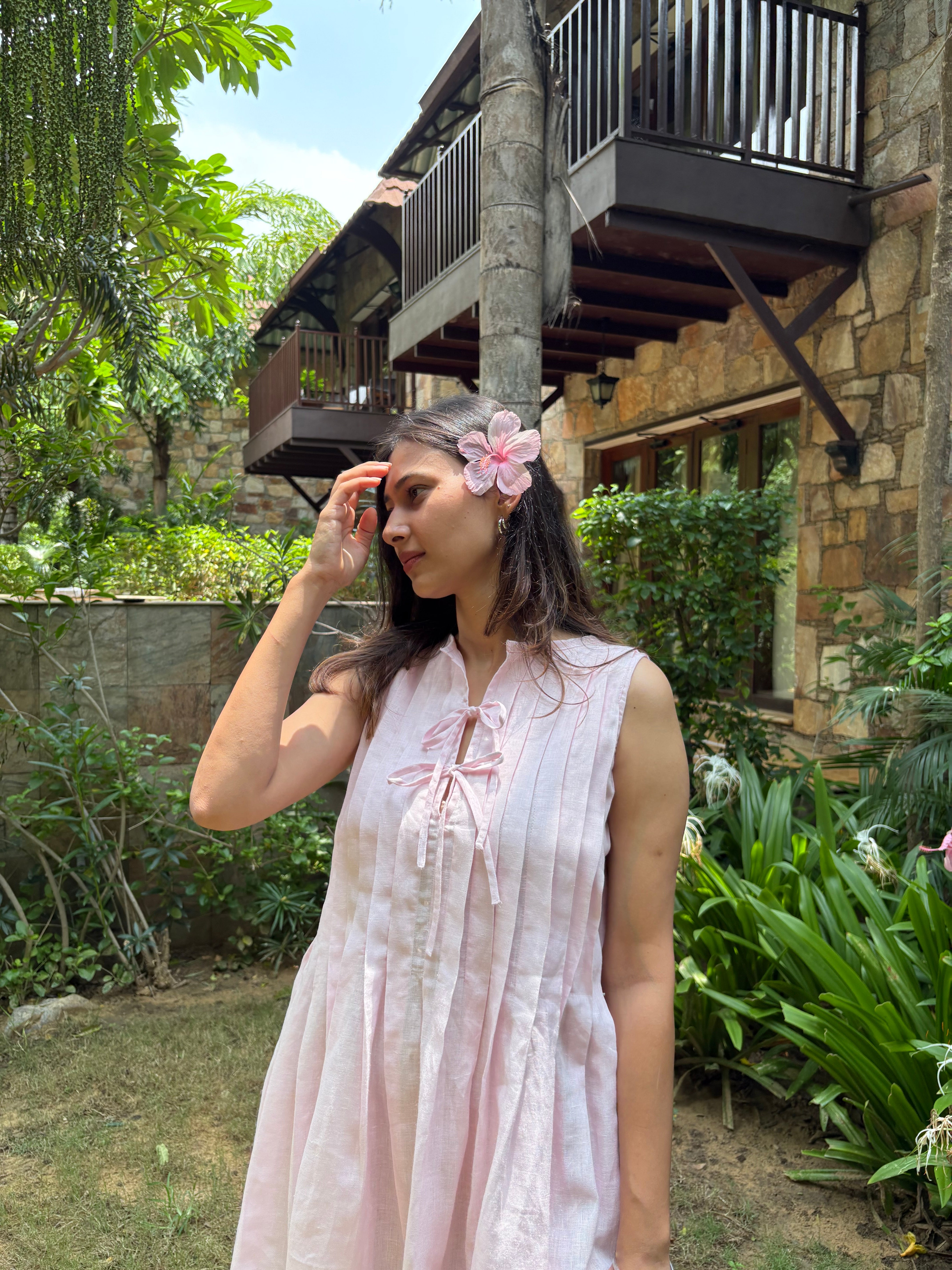 Pink Pleated Linen Short Dress